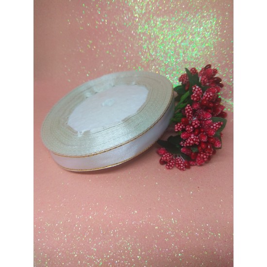 Лента атласная с люрексом 1,2 см*25 ярдов цв. белый/золото, цена за катушку